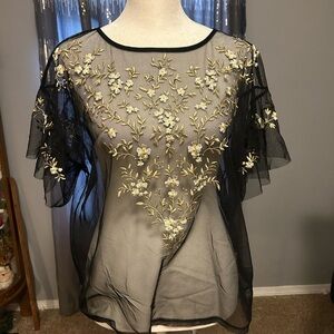 Express Black Sheer Blouse with Gold Embroidery